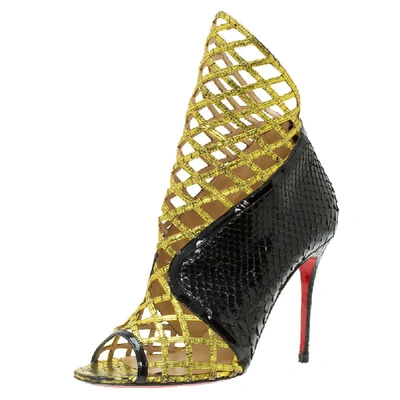 Pre-owned Christian Louboutin Black And Gold Python Bougliona Cage Ankle Boots Size 38.5