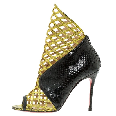 Pre-owned Christian Louboutin Black And Gold Python Bougliona Cage Ankle Boots Size 38.5