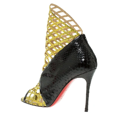 Pre-owned Christian Louboutin Black And Gold Python Bougliona Cage Ankle Boots Size 38.5