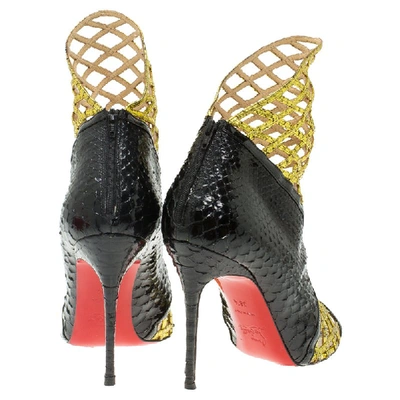 Pre-owned Christian Louboutin Black And Gold Python Bougliona Cage Ankle Boots Size 38.5