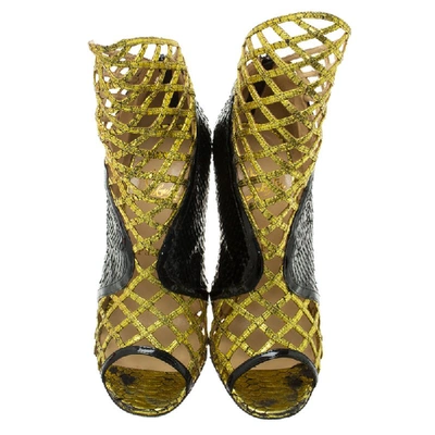 Pre-owned Christian Louboutin Black And Gold Python Bougliona Cage Ankle Boots Size 38.5