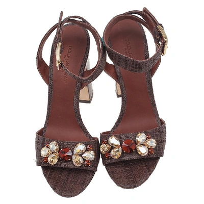 Pre-owned Dolce & Gabbana Beige Jeweled Raffia & Snakeskin Sandals Size 40 In Brown