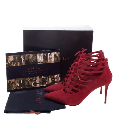 Pre-owned Le Silla Red Suede Caged Lace Up Ankle Boots Size 40