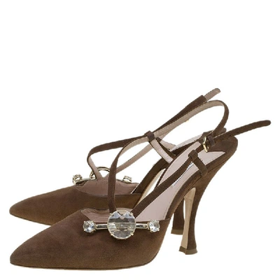 Pre-owned Miu Miu Brown Suede Jewel Embellished Strappy Sandals Size 39