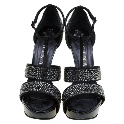 Pre-owned Gina Black Crystal Embellished Leather T Strap Platform Sandals Size 38