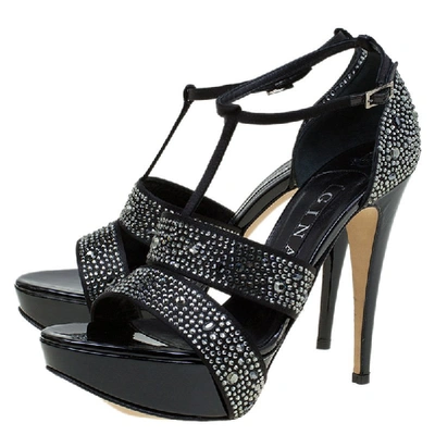 Pre-owned Gina Black Crystal Embellished Leather T Strap Platform Sandals Size 38