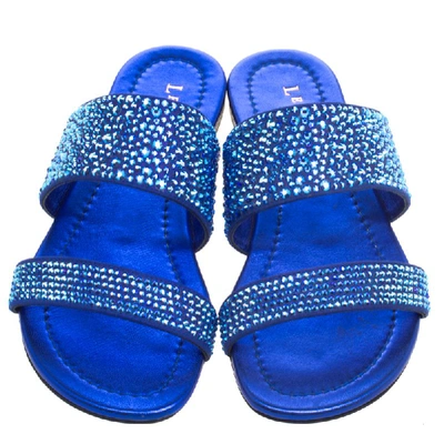 Pre-owned Le Silla Blue Crystal Embellished Suede Flat Slides Size 36
