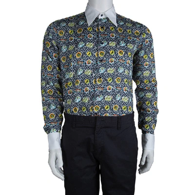 Pre-owned Etro Floral Printed Cotton Contrast Collar Button Front Shirt M In Multicolor