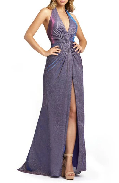 Shop Mac Duggal Sparkle Metallic Halter A-line Dress With Train In Lavender Twinkle