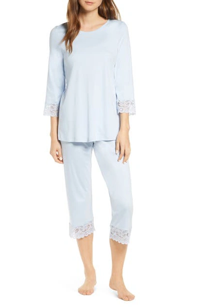 Shop Hanro Moments Lace Trim Crop Pajamas In Aqua Bliss