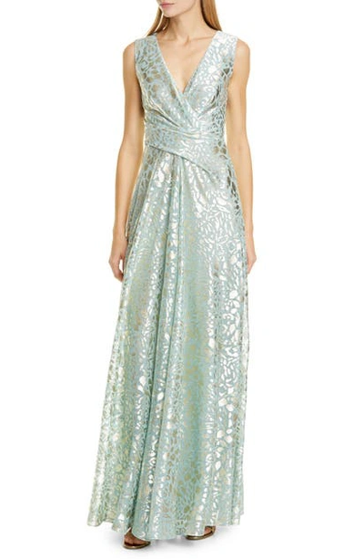 Shop Talbot Runhof Metallic Animal Spot Voile Gown In Reseda