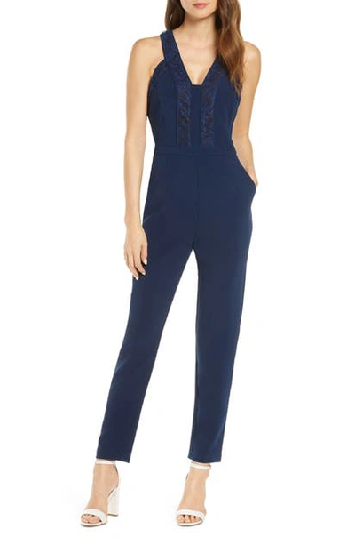 Shop Adelyn Rae Marlene Lace Detail Sleeveless Jumpsuit In Navy