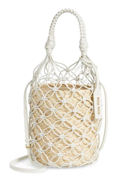 Shop Miu Miu Woven Leather & Raffia Bucket Bag In Bianco/ Naturale