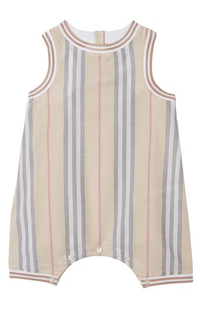 Shop Burberry Chet Icon Stripe Cotton Romper In Pale Stone Stripe