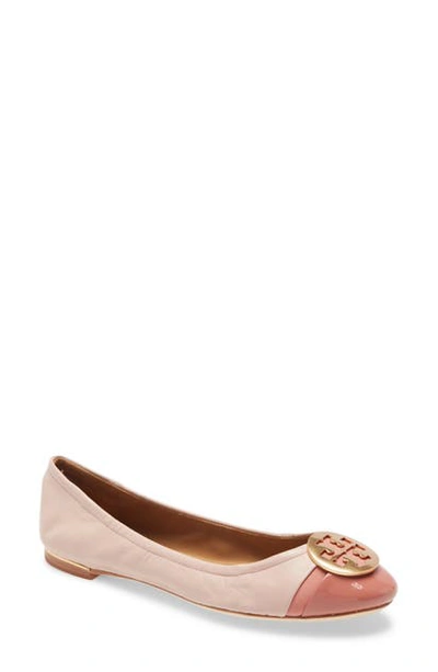 Shop Tory Burch Minnie Logo Medallion Cap Toe Ballet Flat In Sea Shell Pink