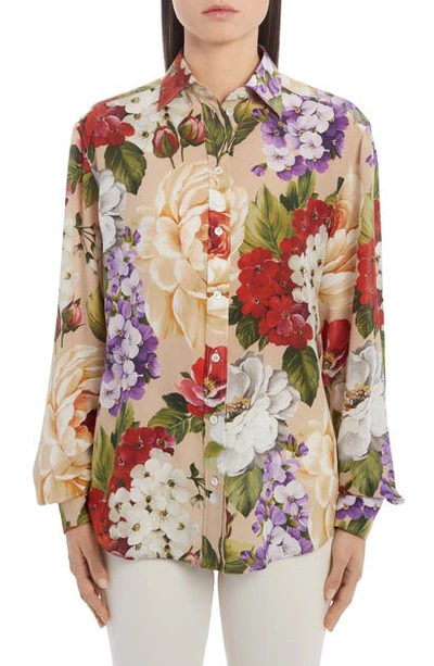 Shop Dolce & Gabbana Floral Silk Crepe Shirt In Tan Floral