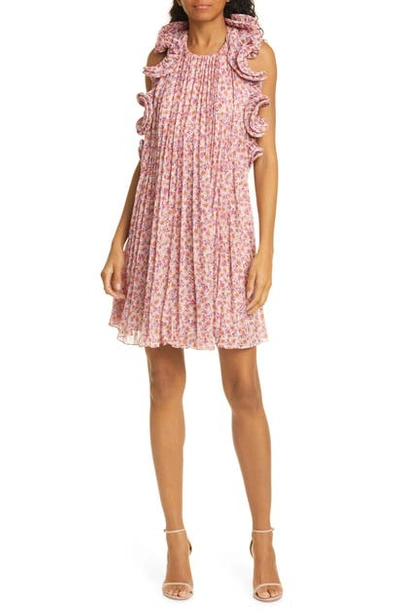 Shop Amur Mimi Floral Pleated Ruffle Dress In Orchid Hush Ditsy Rosa