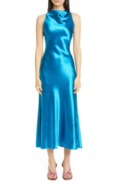 Shop Sies Marjan Andy Cowl Neck Satin A-line Midi Dress In Sapphire Blue