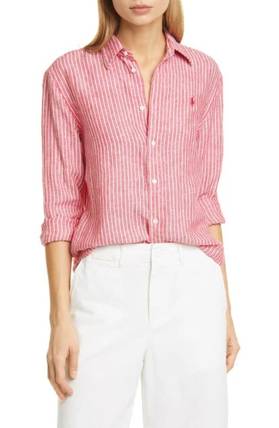Shop Polo Ralph Lauren Stripe Linen Shirt In Red/ White