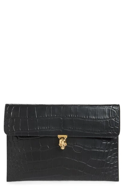 Shop Alexander Mcqueen Croc Embossed Leather Envelope Clutch In Black