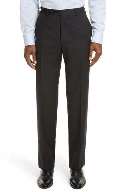 Shop Canali Flat Front Stripe Wool Trousers In Grey