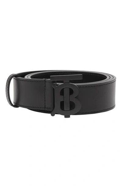 Shop Burberry Tb Monogram Leather Belt In Matte Black