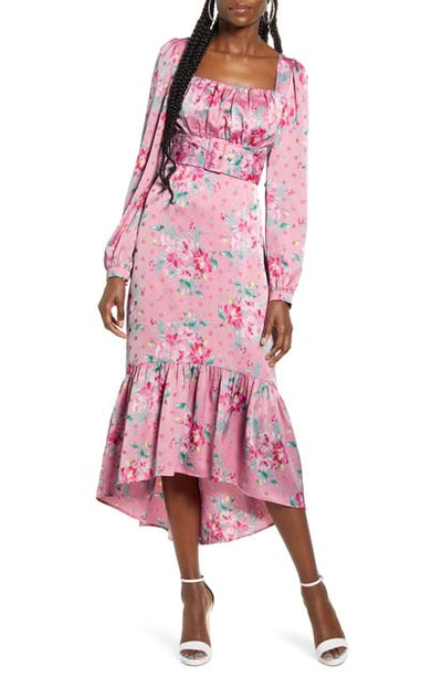 Shop Wayf Floral Belted Bustier Long Sleeve Satin Ruffle Dress In Pink Floral Dot Jacquard