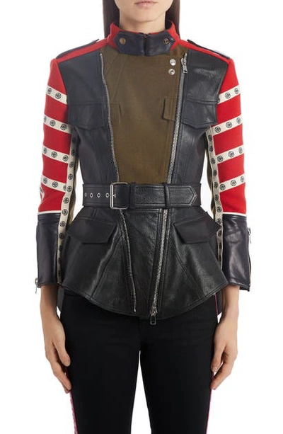 Shop Alexander Mcqueen Logo Stripe Mixed Media Peplum Moto Jacket In Black/ Red/ Military/ Navy