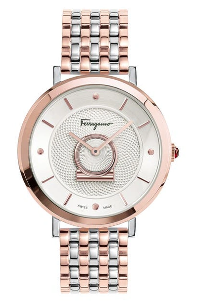 Shop Ferragamo Minuetto Bracelet Watch, 36mm In Rose Gold/ White/ Silver