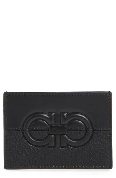 Shop Ferragamo Firenze Debossed Leather Card Holder In Black / Black