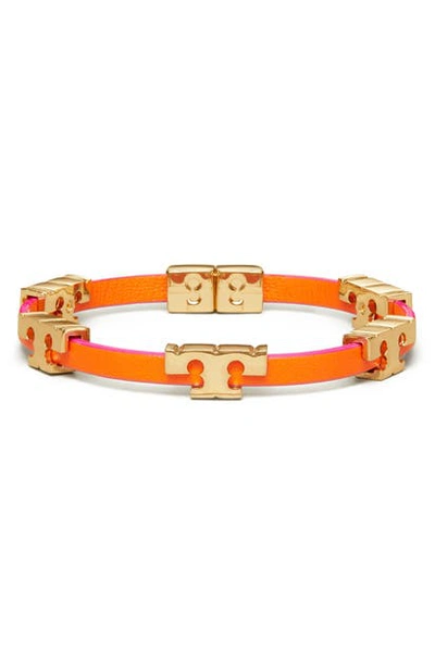Shop Tory Burch T-logo Single Wrap Bracelet In Tory Gold / Orange / Pink