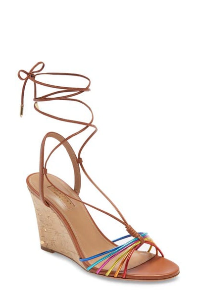 Shop Aquazzura Whisper Rainbow Ankle Tie Wedge Sandal In Rainbow/ Safari