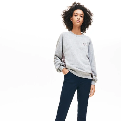 Shop Lacoste Women's Crewneck Check-paneled Sweatshirt In Grey Chine
