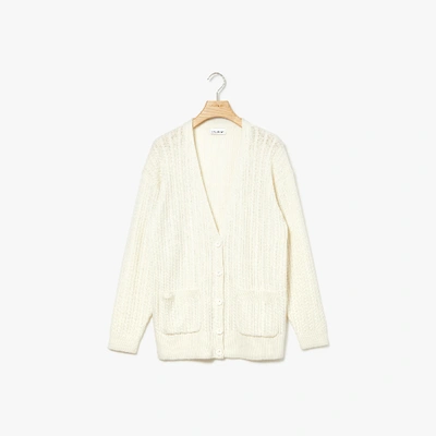 Shop Lacoste Women's Wool And Cashmere Blend Cable Knit Cardigan In White