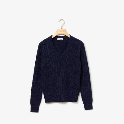 Shop Lacoste Women's Wool And Cashmere Blend Cable Knit Sweater In Navy Blue