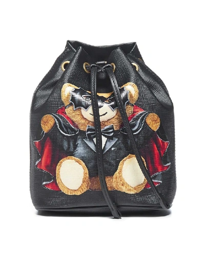 Shop Moschino Teddy Print Bucket Bag In Black