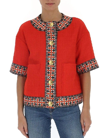 Shop Gucci Button Up Tweed Jacket In Red