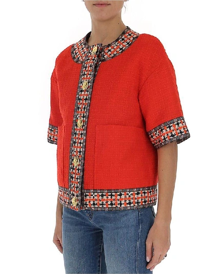 Shop Gucci Button Up Tweed Jacket In Red