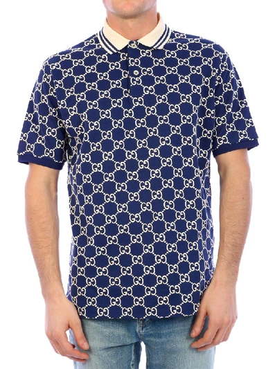 Gucci Navy Gg Stretch Cotton Polo In Blue | ModeSens