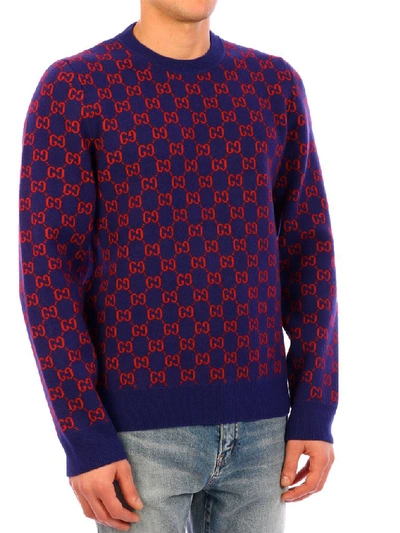 Shop Gucci Gg Monogram Pattern Sweater In Blue