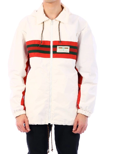 Shop Gucci Logo Patch Drawstring Jacket In White