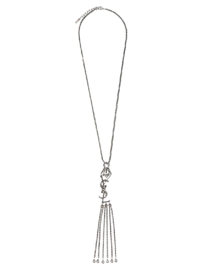 Shop Saint Laurent Monogram Textured Tassel Pendant Necklace In Silver
