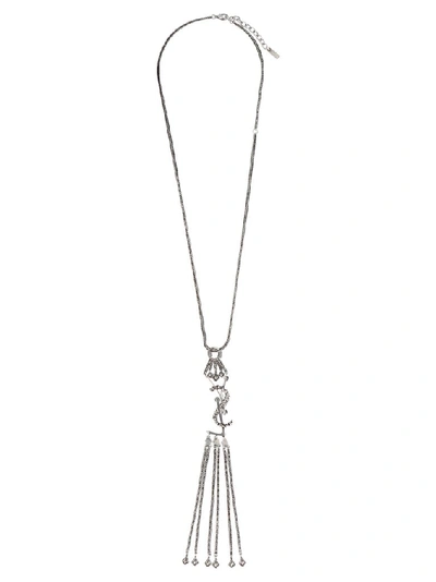 Shop Saint Laurent Monogram Textured Tassel Pendant Necklace In Silver