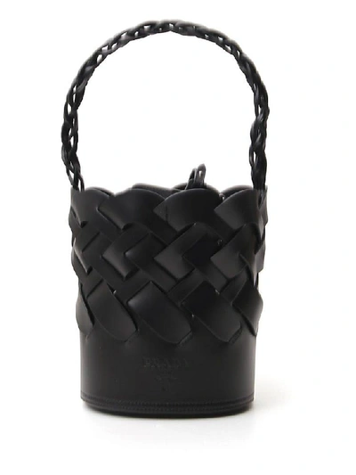 Shop Prada Woven Bucket Bag In Black