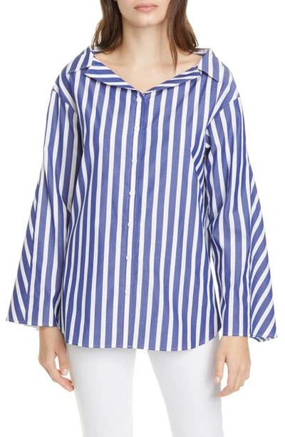 Shop Adeam Stripe Bell Sleeve Cotton Shirt In Navy/white