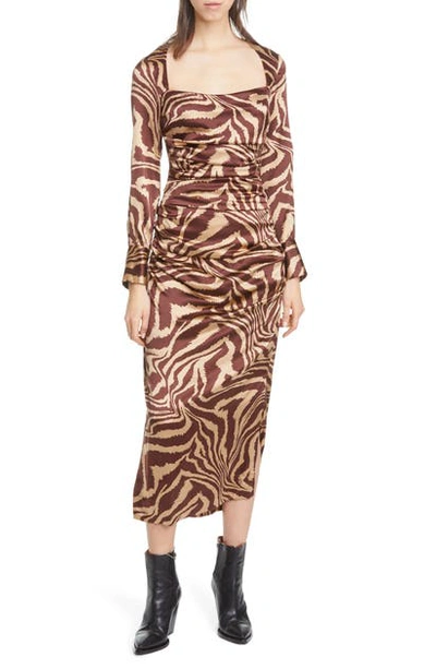 Shop Ganni Tiger Stripe Stretch Silk Long Sleeve Silk Midi Dress In Tannin 185