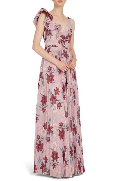 Shop ml Monique Lhuillier Ruffle Shoulder Floral Chiffon Gown In Lilac Multi