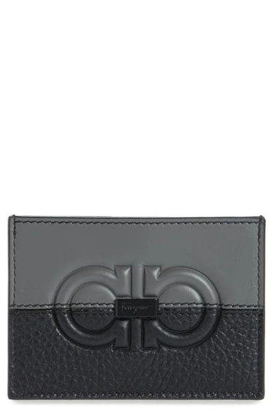 Shop Ferragamo Firenze Debossed Bicolor Leather Card Holder In Black