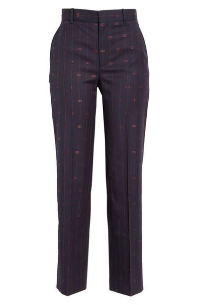 Shop Gucci Gg Pinstripe Straight Leg Crop Wool Pants In Blue/ Red