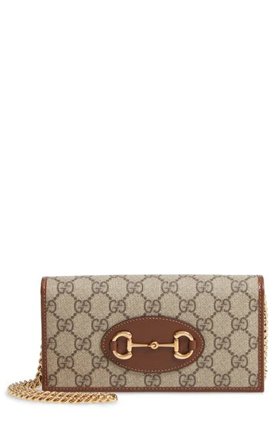 Shop Gucci 1955 Horsebit Gg Supreme Canvas Wallet On A Chain In Beige Ebony/ Brown Sugar